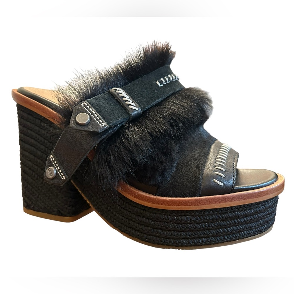 UGG Fluff Punk Heel Sandal Black Braided Platform Fur Leather Women's Size 6.5